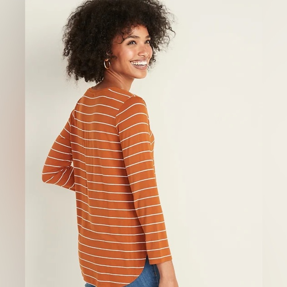 Old Navy Burnt Ochre and Cream Striped 3/4 Sleeve Lightweight Tee